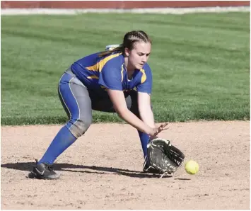  ?? Staff photo/John Zwez ?? Elly Wedding of St. Marys fields a grounder during Tuesday’s game against Wapakoneta. See more photos at wapakdaily­news.com.