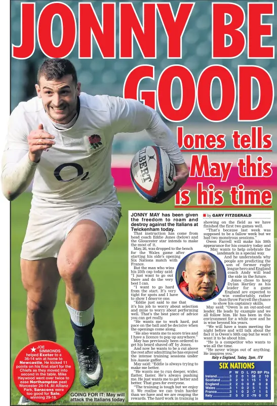  ??  ?? GOING FOR IT: May will attack the Italians today JONNY MAY has been given the freedom to roam and destroy against the Italians at Twickenham today.