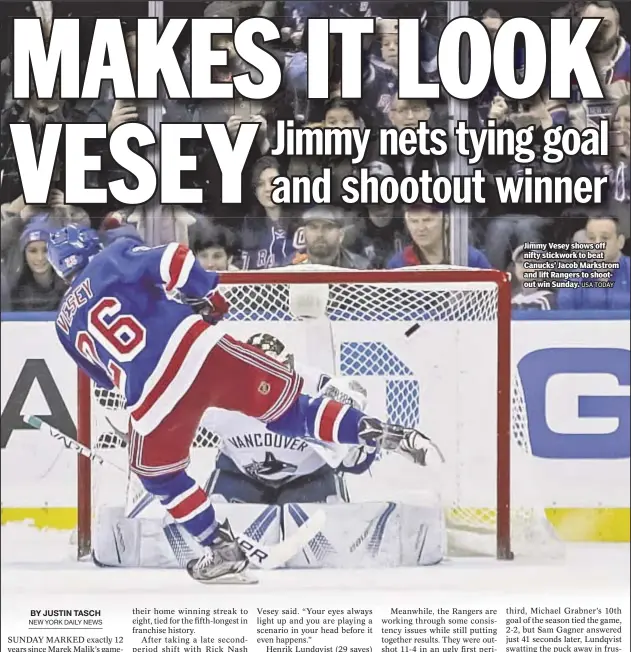  ?? USA TODAY ?? Jimmy Vesey shows off nifty stickwork to beat Canucks’ Jacob Markstrom and lift Rangers to shootout win Sunday.