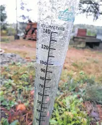  ??  ?? Laurel Zwicker’s rain gauge in Annapolis County, N.S., runneth over. Not all weather systems start out as rainstorms, but a lot can change along the way.