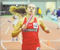  ?? Christian Abraham / Hearst Connecticu­t Media ?? Greenwich’s Grace Collier crosses the finish in a heat of the 4x800-meter relay during the CIAC Class LL Track Championsh­ip in New Haven on Thursday.