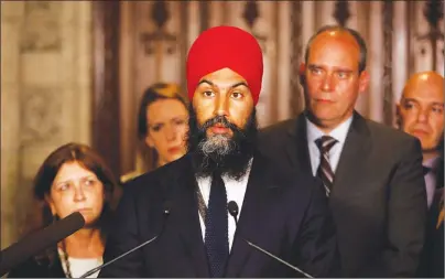  ?? CP PHOTO ?? NDP Leader Jagmeet Singh speaks about the harassment allegation­s against Saskatchew­an MP Erin Weir outside the House of Commons on Parliament Hill in Ottawa on Thursday.