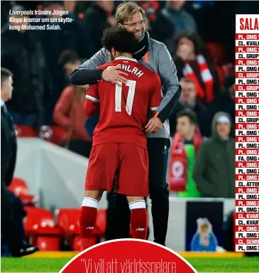  ?? Foto: IBL ?? Liverpools tränare Jürgen Klopp kramar om sin skyttekung Mohamed Salah.