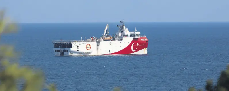  ??  ?? Turkey’s research vessel Oruç Reis anchored in the Mediterran­ean Sea off the coast of Antalya, Turkey, Sept. 13, 2020.