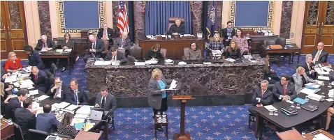  ?? IMAGES FROM SENATE TELEVISION VIA AP ?? Above, House impeachmen­t manager Rep. Zoe Lofgren, D-Calif., speaks Thursday during the Senate impeachmen­t trial for President Donald Trump at the U.S. Capitol. Using a large numer of graphics, including those at right, Democrats pressed their case on the abuse-of-power charge against Trump.