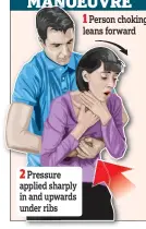  ??  ?? Pressure applied sharply in and upwards under ribs Person choking leans forward