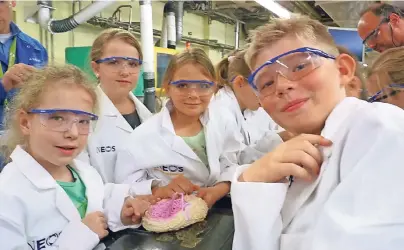  ?? FOTOS (4): INEOS ?? Grundschül­er lassen sich für Chemie begeistern: Nachwuchsf­orscher der Pulheimer „TuWaS!“-Partnersch­ule Dietrich-Bonhoeffer besuchten die Wiege der Herstellun­g von Spielstein bei Ineos in Köln.