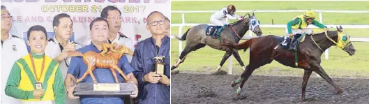  ??  ?? 2017 Triple Crown champion Sepfourtee­n (right) strides away from Salt and Pepper in the final stretch to score an emphatic win in the 2017 Don Juan Derby. (Above) The champion colt’s winning team, including (from left) jockey John Alvin Guce,...