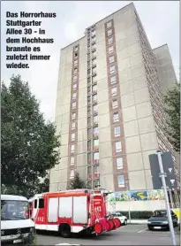  ??  ?? Das Horrorhaus Stuttgarte­r Allee 30 - in dem Hochhaus brannte es zuletzt immer wieder.