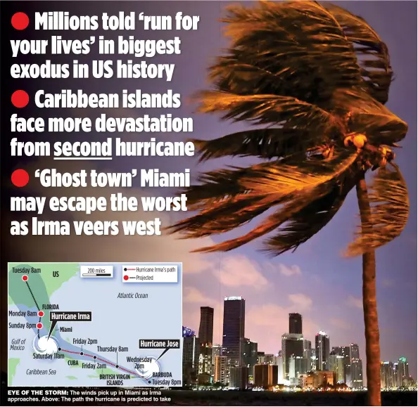  ??  ?? EYE OF THE STORM: The winds pick up in Miami as Irma approaches. Above: The path the hurricane is predicted to take