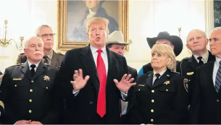  ?? AP ?? President Donald Trump speaks during a meeting with a group of sheriffs from around the country before leaving the White House in Washington on Monday for a trip to El Paso.