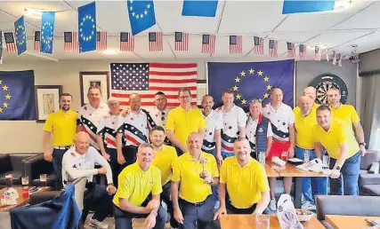  ?? ?? Stirling GC Twelve players in European and USA colours organised by Drew Fowler before watching the real match later on in the early evening. Europe Captain Drew presented USA Captain Brendan Watt with a replica Ryder Cup trophy after USA defeated Europe 11½-6½. in the fun event