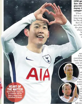  ??  ?? HEART OF THE MATTER Son’s form shows he is a better foil for Harry Kane than Christian Eriksen