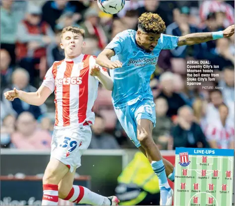  ?? PICTURE: Alamy ?? AERIAL DUAL: Coventry City’s Ian Maatsen heads the ball away from Stoke City’s Tom Sparrow