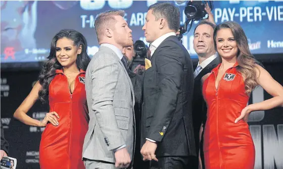  ??  ?? Saul “Canelo” Alvarez, left, Gennady Golovkin during a promotiona­l event at New York’s Madison Square Garden this week.