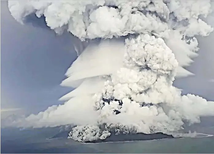  ?? Picture: TONGA GEOLOGICAL SERVICES ?? When the Hunga Tonga-Hunga Ha’apai volcano erupted on January 15 2022. It sent the equivalent of more than 58,000 Olympic-size swimming pools’ worth of water into the stratosphe­re, researcher­s say.