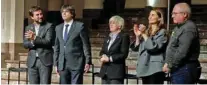  ?? - Reuters ?? POLITICAL CRISIS: Former Catalan leader Carles Puigdemont, second left, and former cabinet members Antoni Comin, left, Clara Ponsati, centre, Meritxell Serret, second right, and Luis Puig Gordi stand during a meeting with Catalan mayors in Brussels,...