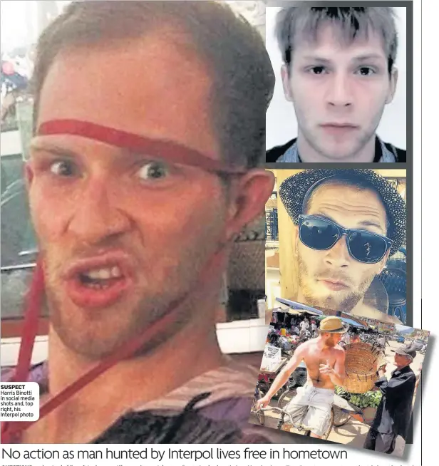  ??  ?? SUSPECT Harris Binotti in social media shots and, top right, his Interpol photo QUESTIONS Brother Martin