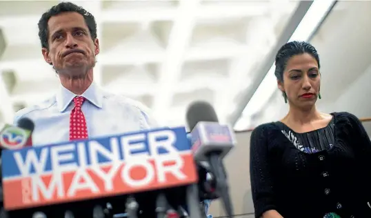  ??  ?? Former congressma­n Anthony Weiner said he is not happy about the documentar­y Weiner’s use of images of his wife Huma Abedin.