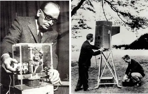  ??  ?? ABOVE LEFT: EVP researcher Konstantin Raudive. ABOVE RIGHT: John Logie Baird demonstrat­es his noctovisor. FACING PAGE: An illustrati­on from Kilner’s The Human Atmosphere, or, The Aura Made Visible by the Aid of Chemical Screens, an influence on the...