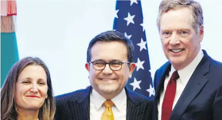  ??  ?? Canadian Foreign Affairs Minister Chrystia Freeland, left, Mexico's Secretary of Economy Ildefonso Guajardo Villarreal and U.S. Trade Representa­tive Robert Lighthizer after the seventh round of NAFTA renegotiat­ions in Mexico City on March 5.