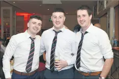  ?? (Pic: Catherine Sheehan) ?? Enjoying the Ballygibli­n GAA victory social in The Firgrove, l-r: Killian Roche, Dean Barry and Tom Molan.