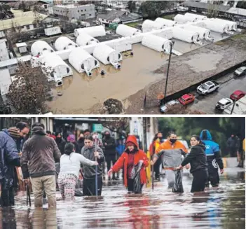  ??  ?? Autoridad descartó ayer un anegamient­o en el hospital de campaña Barros Luco (foto superior). En Maipú, en tanto, vecinos enfrentaro­n la inundación de calles (foto inferior).