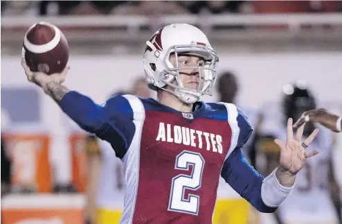  ?? — CP FILES ?? Alouettes quarterbac­k Johnny Manziel started two games — both losses — after being acquired from the Ticats in July. He lost his starting job after he was sidelined by a concussion and he’s not happy about it.