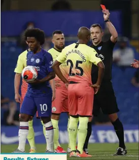  ??  ?? Fernandinh­o is sent off before Willian scored his penalty