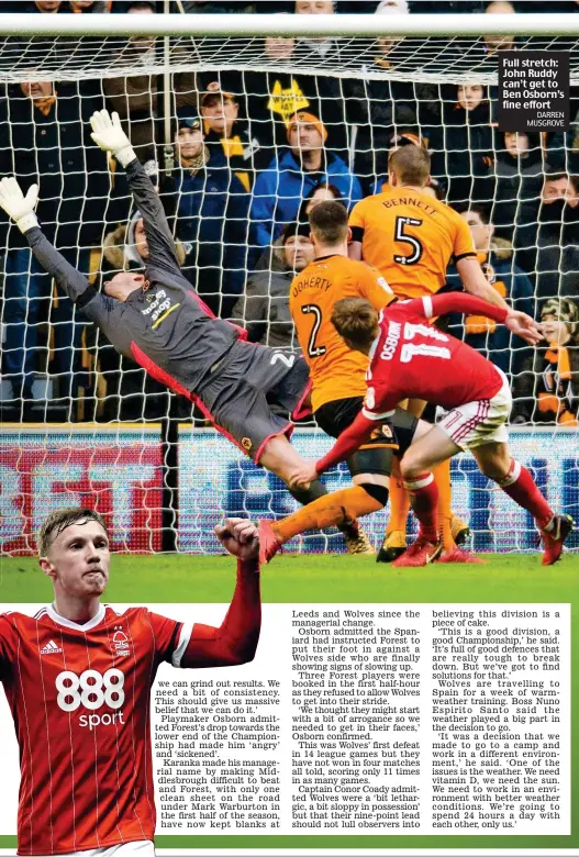  ?? PA DARREN MUSGROVE ?? Wolves slayer: Osborn celebrates at full-time Full stretch: John Ruddy can’t get to Ben Osborn’s fine effort