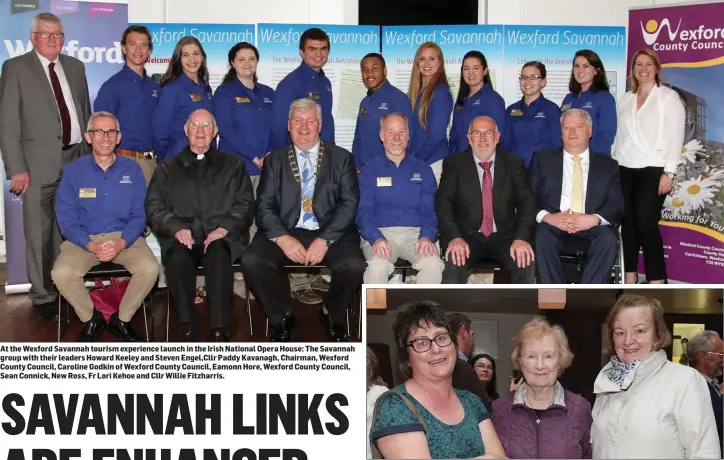  ??  ?? At the Wexford Savannah tourism experience launch in the Irish National Opera House: The Savannah group with their leaders Howard Keeley and Steven Engel,Cllr Paddy Kavanagh, Chairman, Wexford County Council, Caroline Godkin of Wexford County Council,...