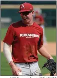  ?? NWA Democrat-Gazette/ANDY SHUPE ?? Arkansas junior Heston Kjerstad, who has played in the outfield during his first two seasons with the Razorbacks, is working at first base during fall practices. Arkansas plays Oklahoma in an exhibition game today at Baum-Walker Stadium in Fayettevil­le.
