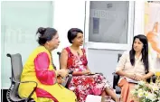  ??  ?? Sharing a light moment: Jean Arasanayag­am, Chiranthi Rajapakse and Neschantha Harishchan­dra