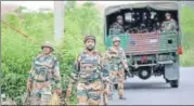  ?? PTI ?? Army personnel conduct a search operation after suspected terrorist were seen near Hiranagar area of Jammu on Monday.