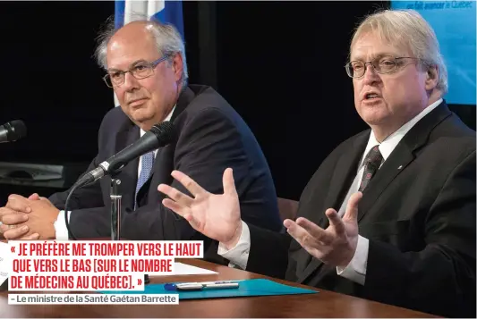  ?? PHOTO D’ARCHIVES, CHANTAL POIRIER ?? Le ministre de la Santé, Gaétan Barrette (à droite), a réduit le nombre d’étudiants admis en médecine cette année pour éviter de former des médecins sans travail. Le Dr Louis Godin (à gauche) soutient que le chômage médical n’est pas un problème.