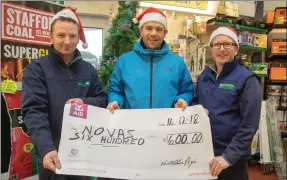  ??  ?? Noel Fealy and Brian Shanahan of Kellihers Feed &amp; Agri, Ballymulle­n, who presented a cheque of €600 to Mike Fleming of NOVAS Tralee, the largest provider of homeless services in Kerry.