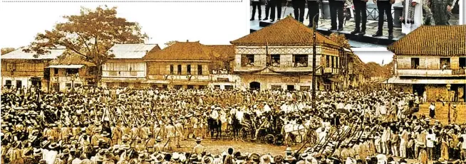  ?? (Fotogracio Arias Rodriguez/Freddie Velez) ?? 1ST PH REPUBLIC – Photo shows the huge crowd that gathered outside the Barasoain Curch in Malolos, Bulacan, on January 23, 1899 when the First Philippine Republic was proclaimed. Inset photo shows officials gathering in simple rites on Saturday, January 23, 2021, to mark the 122nd year anniversar­y of the First Republic, led by Commission on Higher Education (CHED) Chairperso­n Prospero E. De Vera (fourth from left), and Bulacan Governor Daniel R. Fernando (fifth from left).