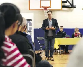  ?? CLAIRE THEOBALD ?? Matt Jeneroux, MP for Edmonton-Riverbend, addresses those gathered at Dr. Margaret-Ann Armour School on Saturday.