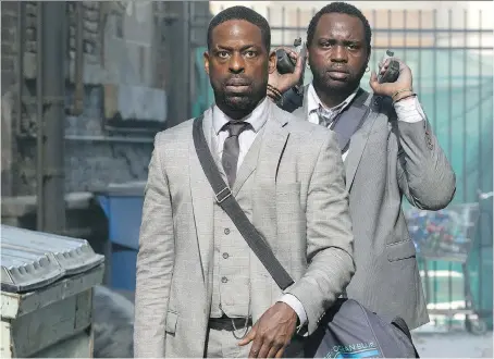  ?? GLOBAL ROAD ENTERTAINM­ENT ?? Sterling K. Brown, left, and Brian Tyree Henry, shown here in a scene from Hotel Artemis, have been waiting to appear in a film together for more than a decade.