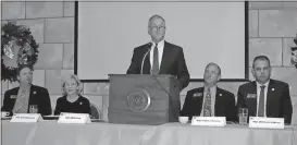  ?? Doug Walker / RN-T ?? All four members of the local legislativ­e delegation were on hand for Thursday’s Rome Floyd Chamber Pre-Legislativ­e Breakfast. Sen. Chuck Hufstetler (from left), Rep. Katie Dempsey, Chamber
Board Chairman John Quinlivan, Rep. Eddie Lumsden and Rep....