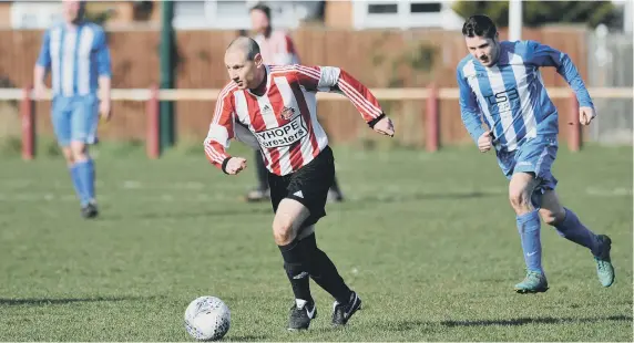  ??  ?? Ryhope Foresters Over-40s (red/white) in action against Hartlepool Workies, played at Ryhope Recreation Park, Sunderland.