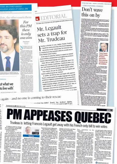  ?? CAPTURES D’ÉCRAN LE JOURNAL ?? Les médias anglophone­s du Canada ont vilipendé Justin Trudeau pour avoir accepté que Québec modifie sa constituti­on de façon unilatéral­e.