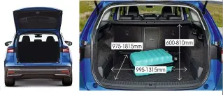  ??  ?? Boot is huge and practicall­y shaped, with useful cubbies at either side. Both cars have 60/40 split rear seats, but the Enyaq adds a ski hatch. Its rear seats are more spacious and comfy for tall folk, too
Boot 585-1710 litres Suitcases 9 975-1815mm 995-1315mm 600-810mm