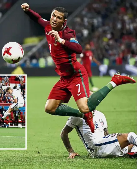  ??  ?? No gentleman’s game: Portugal’s Cristiano Ronaldo is fouled by Chile’s Arturo Vidal in the Confederat­ions Cup semi-final at the Kazan Arena in Russia on Wednesday. Inset: Chile’s Alexis Sanchez attempts a header at the Portugal goal. — AP / Reuters