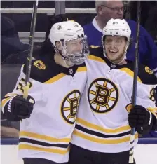  ?? ASSOCIATED PRESS ?? FEELING GOOD: David Pastrnak (right) celebrates his second-period goal with Sean Kuraly during the Bruins’ 3-2 win against the Maple Leafs last night in Toronto.