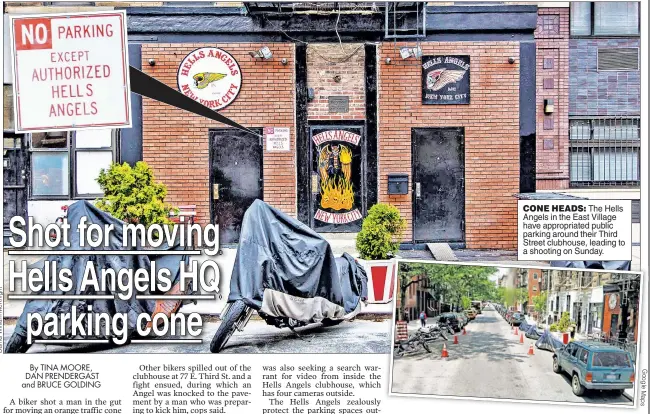  ?? G o o g l e M a p s ?? CONE HEADS: The Hells Angels in the East Village have appropriat­ed public parking around their Third Street clubhouse, leading to a shooting on Sunday.