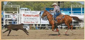  ?? Mona Weatherly ?? Above, Rusty Kluender of Broken Bow, participat­es in 45 and Over Tie Down Roping Sunday afternoon at the Mid-States Rodeo. Kluender finished with no time as the lasso popped off the calf’s nose, however, for the 2021 season, Kluender finished fourth.