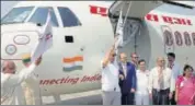  ?? HT PHOTO ?? Bikaner MP and Union minister for water resources Arjun Ram Meghwal and Union civil aviation minister Ashok Gajapathi Raju flag off the Bikaner to Delhi flight.