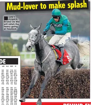  ??  ?? GREY POWER: Bristol De Mai will relish the heavy going at Haydock