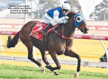  ?? ?? Tavirun (Lizzie Annels) wins a BM76 over 1600m at Elwick on Sunday. Picture Peter Staples